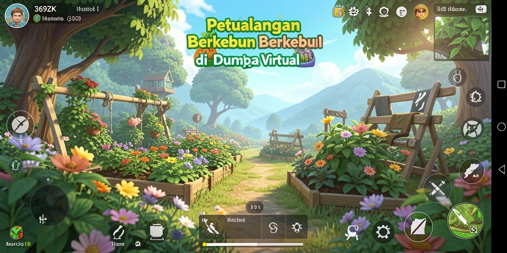 Tampilan gameplay <strong>369ZK</strong> yang menampilkan kebun yang subur dan hewan ternak.