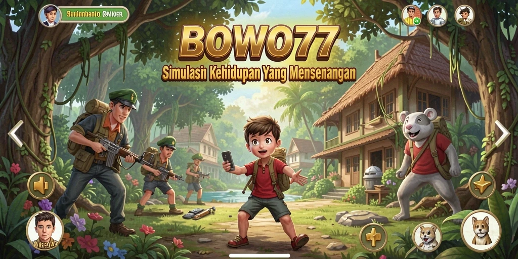 Screenshot gameplay BOWO77 menampilkan karakter yang berinteraksi dalam lingkungan kehidupan sehari-hari.