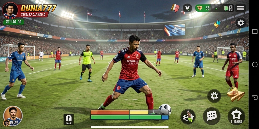 Tampilan gameplay DUNIA777 dengan aksi sepak bola yang mendebarkan.