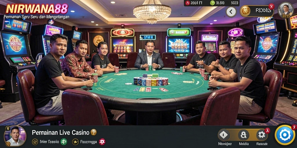 Tampilan gameplay NIRWANA88 dengan dealer langsung dan pemain interaktif.