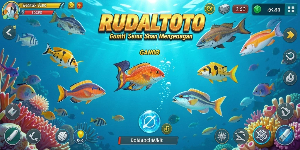 Screenshot gameplay RUDALTOTO menampilkan aksi seru menembak ikan di bawah laut.